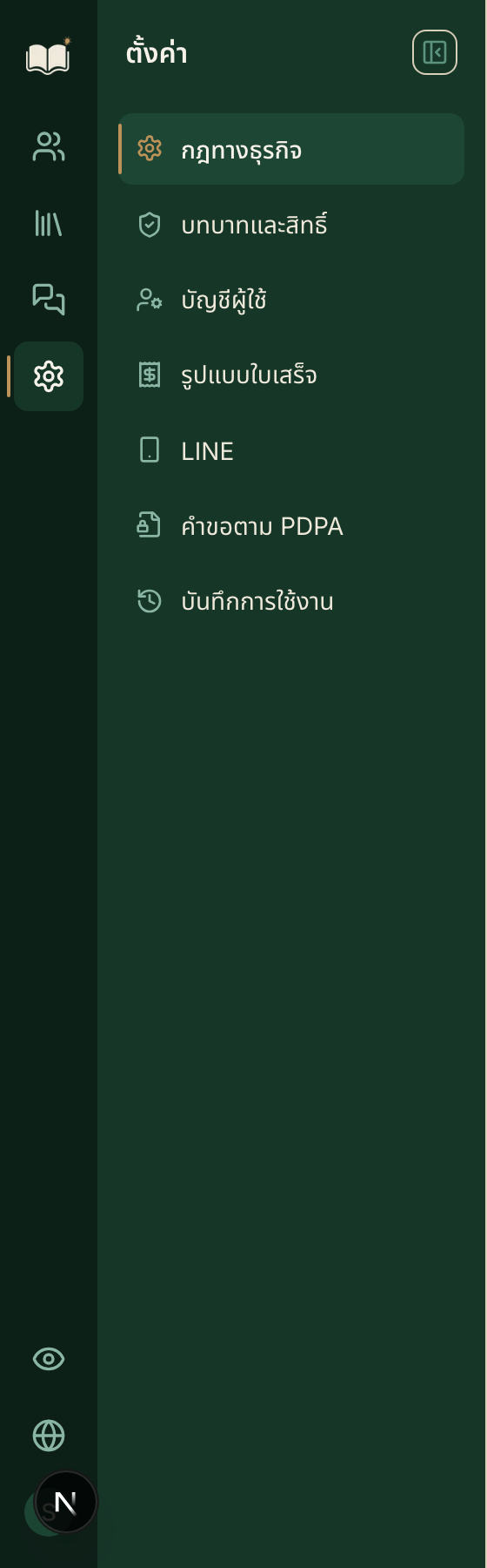 คอลัมน์ซ้ายสุดมีแค่สี่สัญลักษณ์ — ไม่มีการชำระเงิน ไม่มีตารางเรียน ไม่มีรายงานผู้บริหาร ความสั้นของแถบนี้คือขอบเขตของบทบาทคุณ